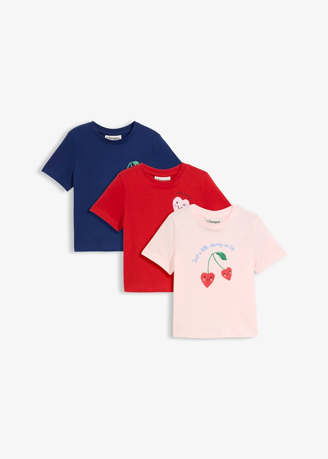 T-shirt van puur biologisch katoen (set van 3), Kleur: lichtroze+lavarood+diepzeeblauw met print