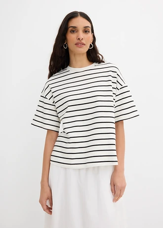 T-shirt met strepen van biologisch katoen • parelwit-zwart horizontaal gestreept • bonprix online shop