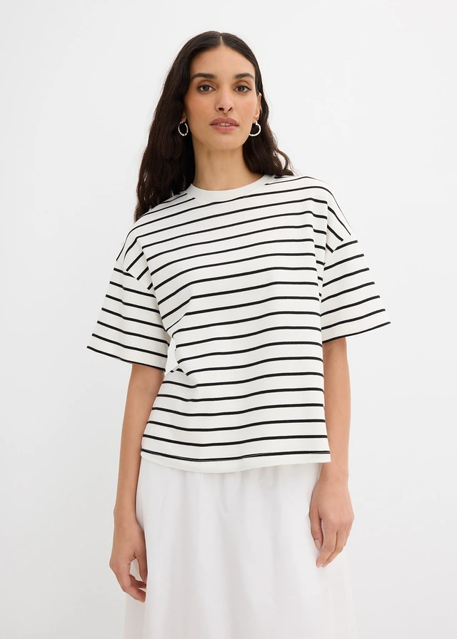 T-shirt met strepen van biologisch katoen • parelwit-zwart horizontaal gestreept • product-page.page-title-suffix