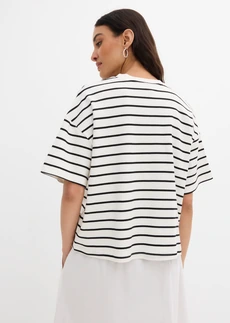 T-shirt met strepen van 100% biologisch katoen, Kleur: parelwit-zwart horizontaal gestreept