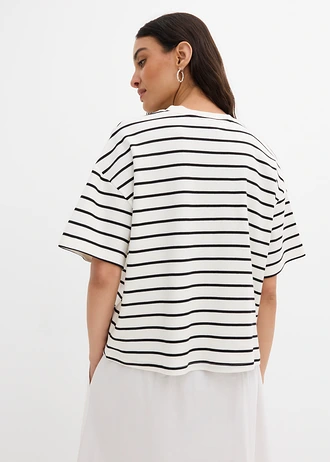 T-shirt met strepen van biologisch katoen • parelwit-zwart horizontaal gestreept • bonprix online shop