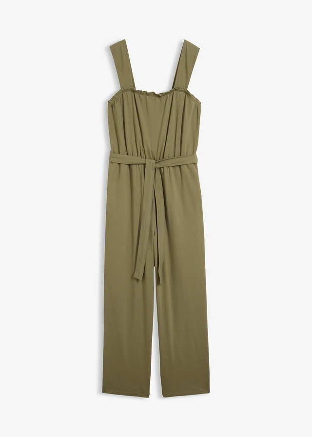 Jersey jumpsuit van katoenmix, Kleur: olijfgroen