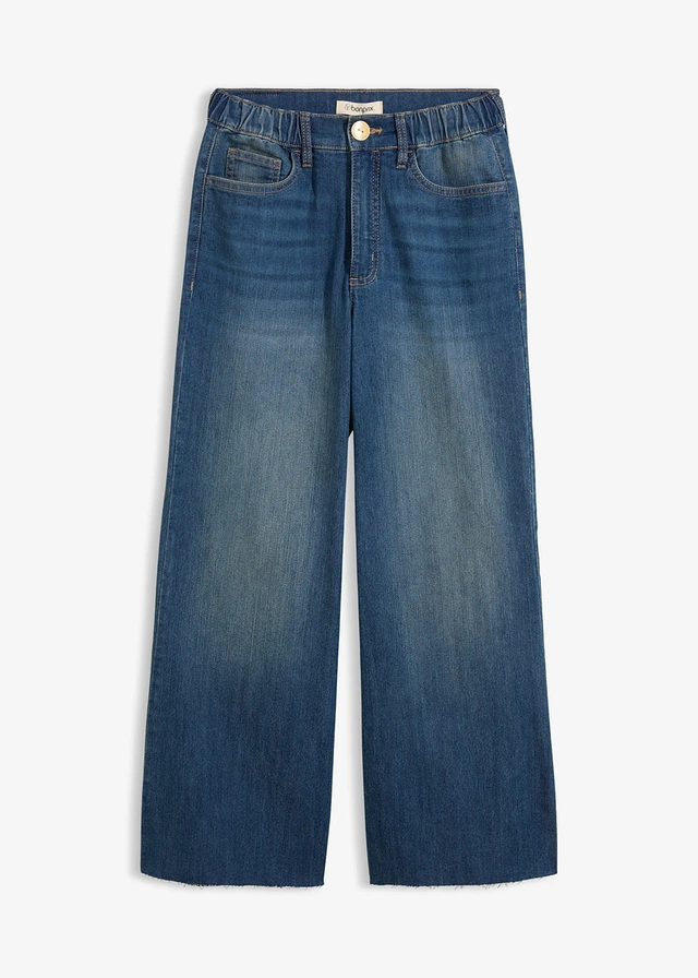 Jean large, taille haute, raccourci, Couleur: bleu denim used