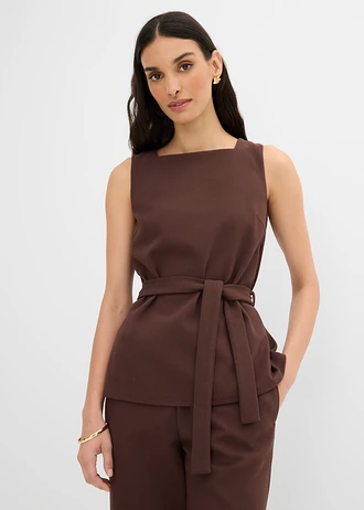 Top en piqué avec ceinture à nouer, Couleur: marron foncé