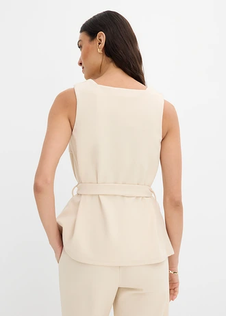 Top van piqué met strikkoord, Kleur: kiezelbeige