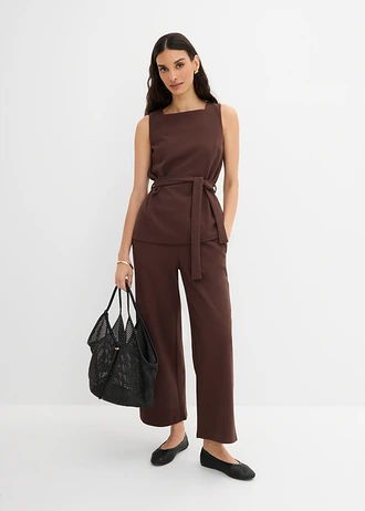 Top en piqué avec ceinture à nouer, Couleur: marron foncé