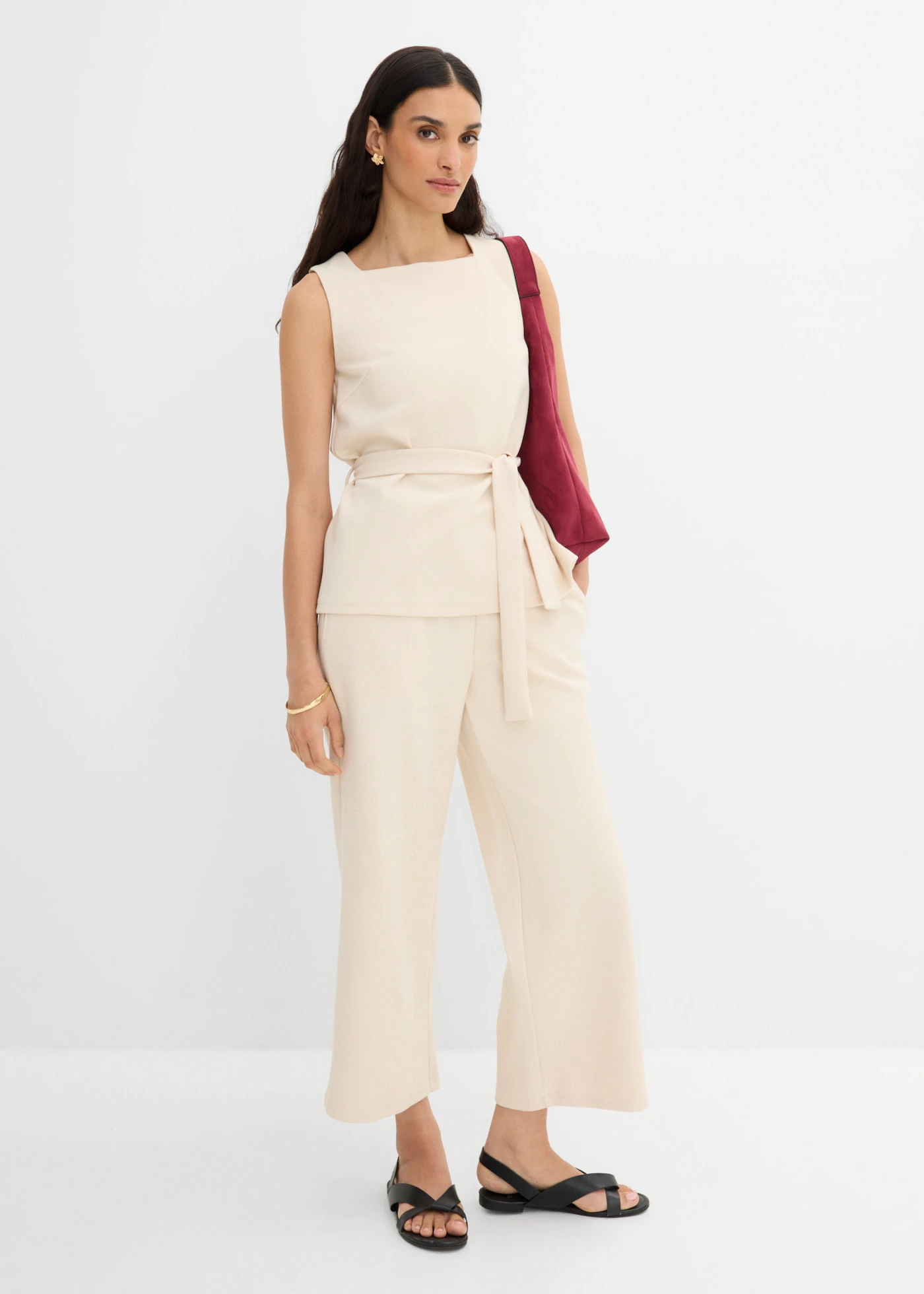 Top en piqué avec ceinture à nouer • beige galet • Boutique bonprix