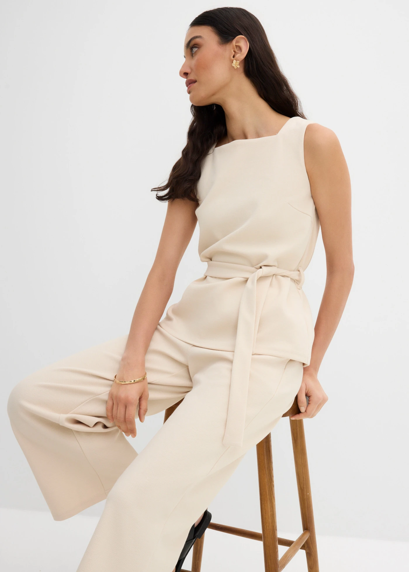 Top din material piqué cu cordon • bej-prund • magazin bonprix