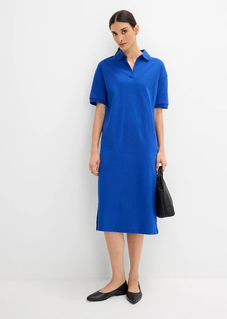 Robe midi 100% coton à col polo, Couleur: bleu cobalt