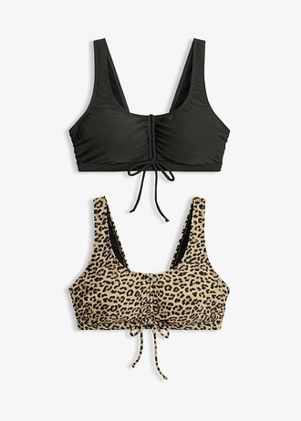 Lot de 2 hauts de maillot brassière avec nouettes, Couleur: anthracite-beige léopard
