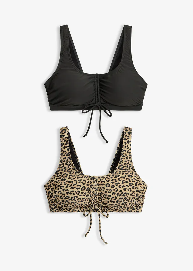 Bikinový top s vázačkami (2 ks v balení) • antracitovo-béžová s leopardím potiskem • bonprix obchod