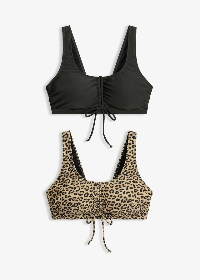 Bralette bikinitop met strikkoordjes (set van 2) • antraciet-beige met luipaardprint • bonprix online shop