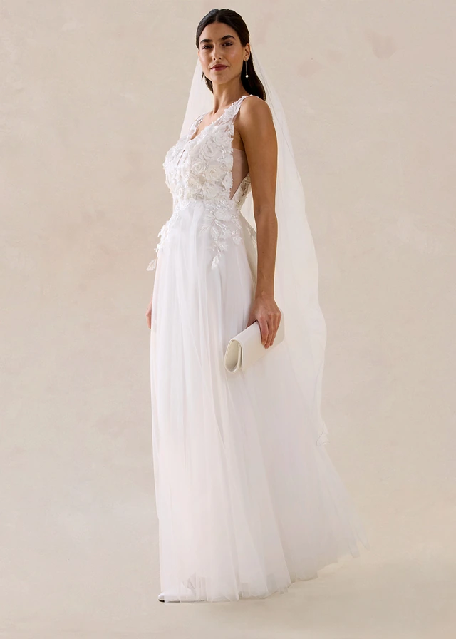 Robe de mariée en tulle avec fleurs appliquées, Couleur: écru