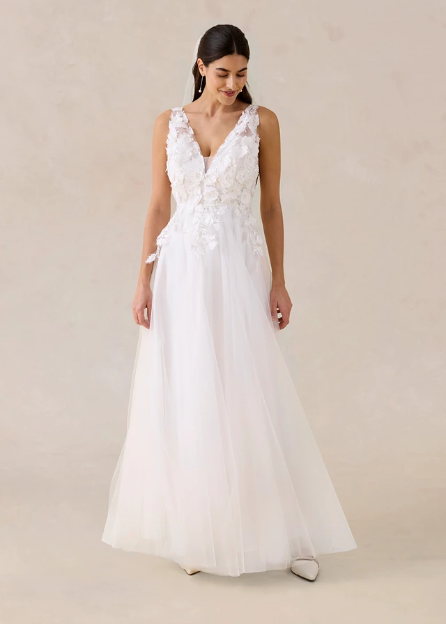 Robe de mariée en tulle avec fleurs appliquées, Couleur: écru