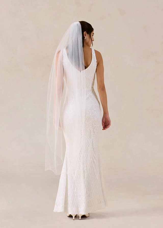 Trouwjurk van zacht tule met paillettenborduursel, Kleur: wolwit