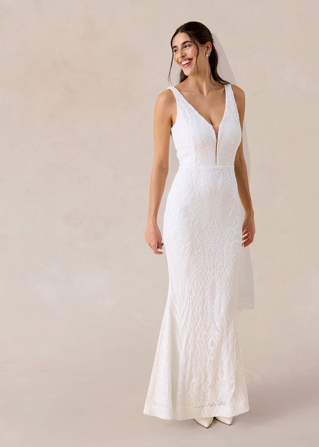 Trouwjurk van zacht tule met paillettenborduursel, Kleur: wolwit