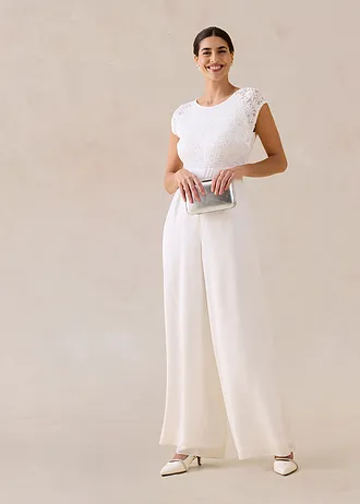 Jumpsuit van fijn chiffon met kant, Kleur: wolwit