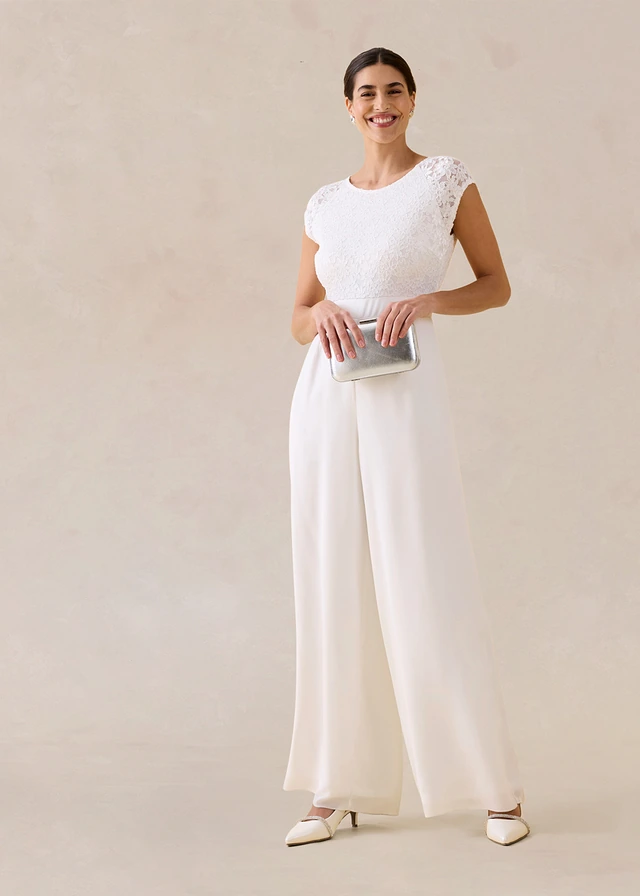 Jumpsuit van fijn chiffon met kant, Kleur: wolwit