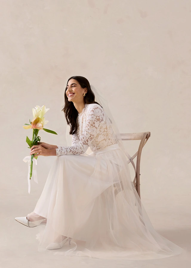 Maxi rok van sierlijke tule wit-champagnekleur