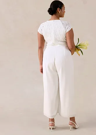 Jumpsuit van fijn chiffon met kant, Kleur: wolwit