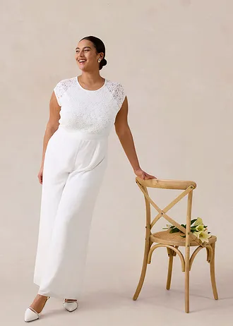 Jumpsuit van fijn chiffon met kant, Kleur: wolwit