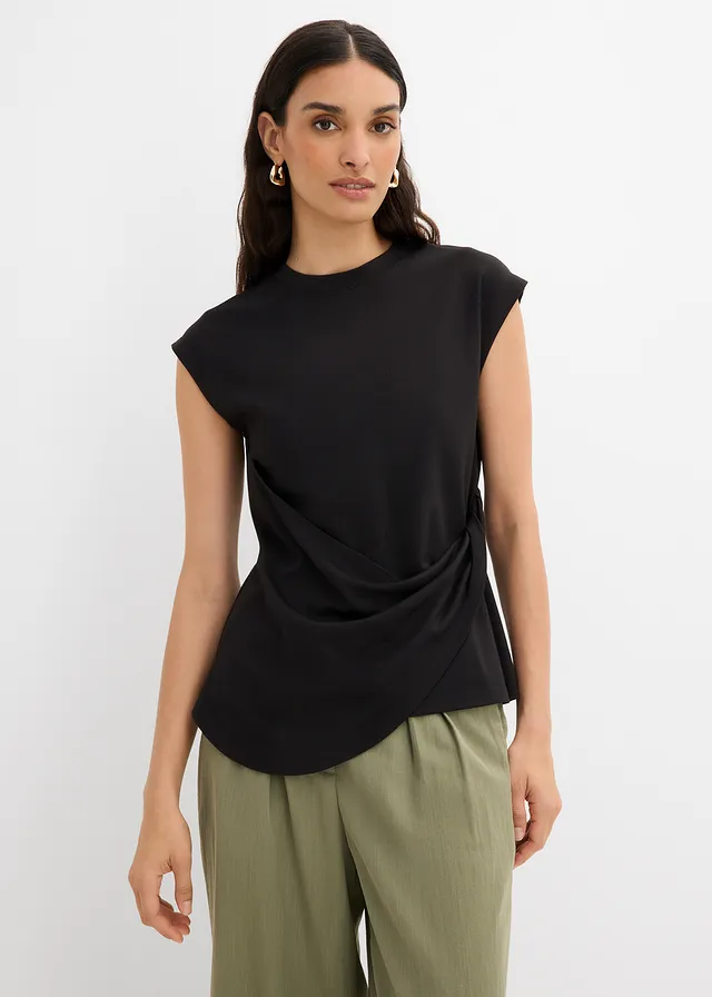 Shirt met asymmetrische onderrand van een viscose-mix, Kleur: zwart