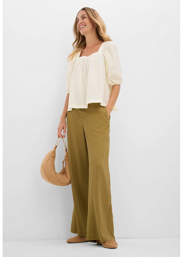 Blouse van gestructureerde crinkle, Kleur: wolwit