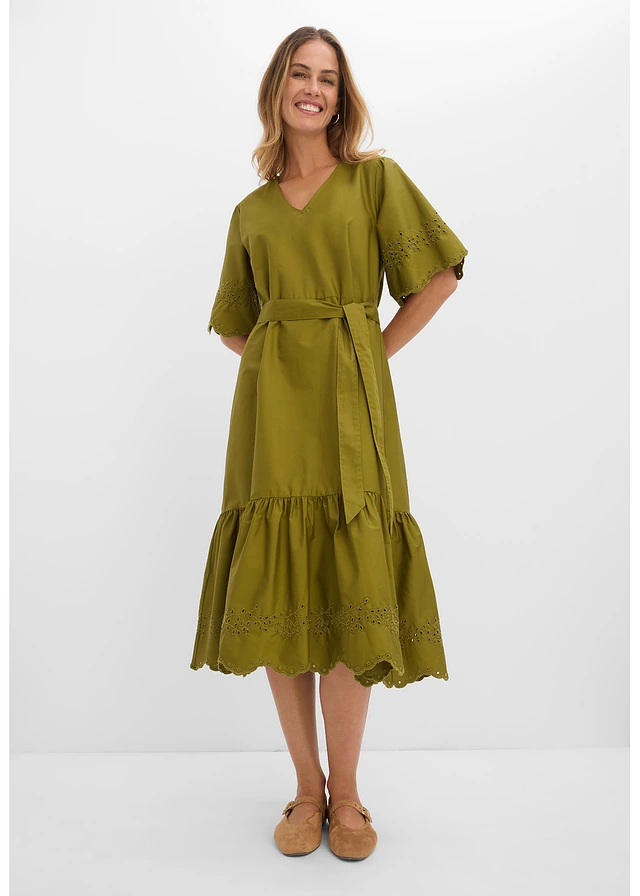 Robe midi 100% coton, Couleur: vert nature