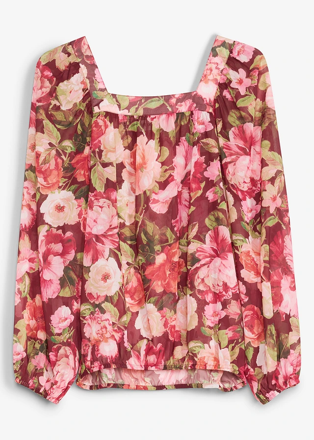 Blouse met ballonzoom, Kleur: robijnrood gebloemd