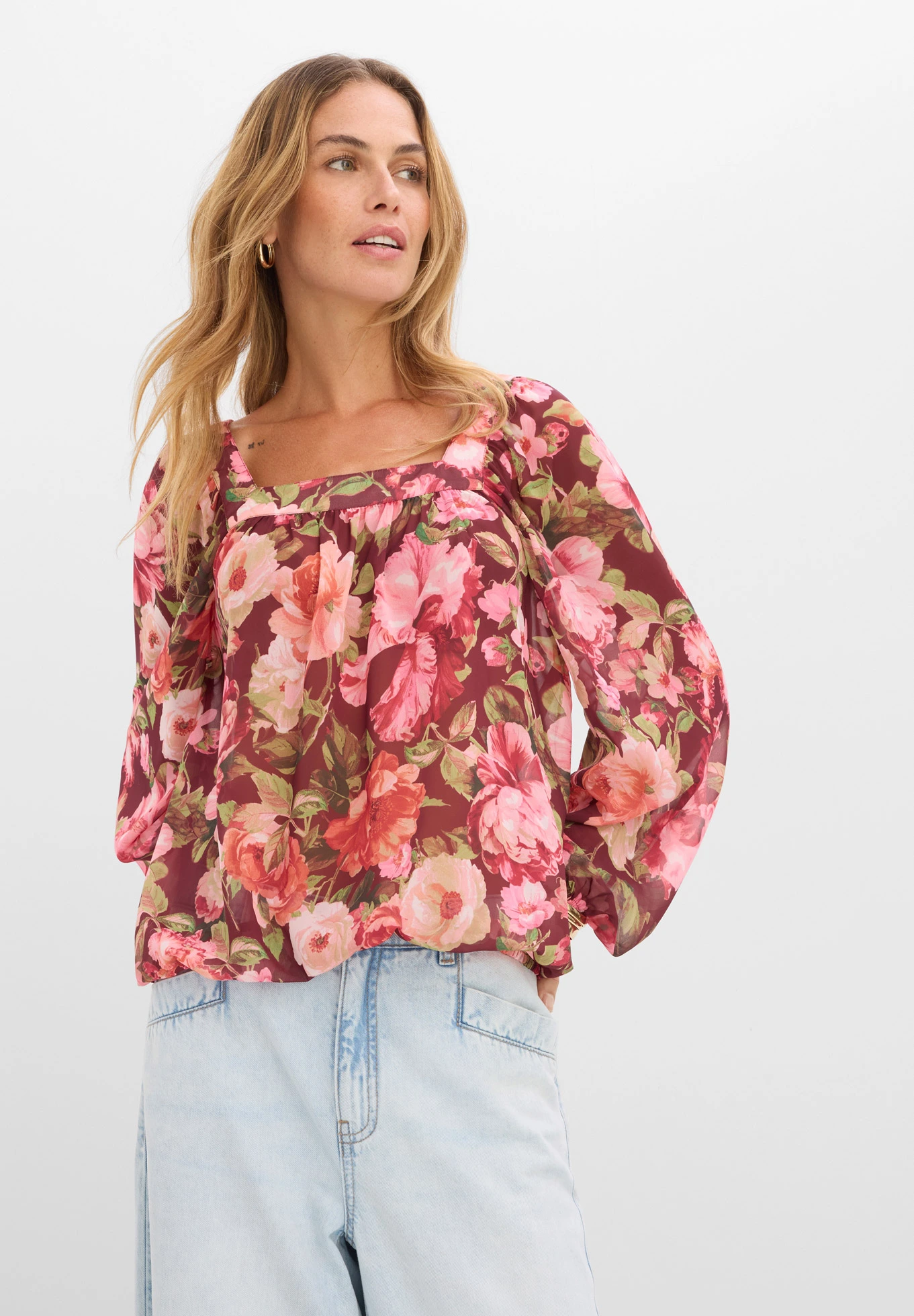 Bluză cu tiv balon • roșu-rubiniu floral • magazin bonprix