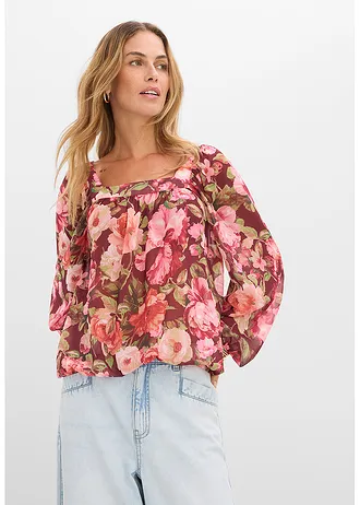 Blouse à base effet boule, Couleur: rouge rubis floral
