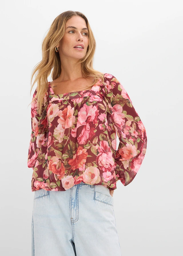 Blouse à base effet boule • rouge rubis floral • product-page.page-title-suffix