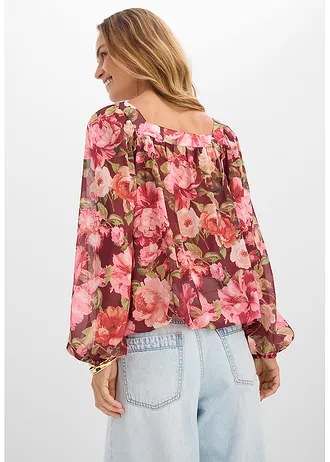 Blouse met ballonzoom, Kleur: robijnrood gebloemd