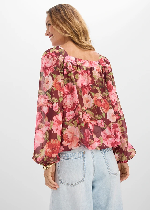 Blouse à base effet boule, Couleur: rouge rubis floral
