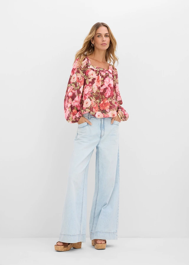 Blouse met ballonzoom, Kleur: robijnrood gebloemd