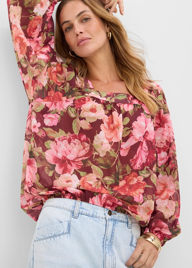 Blouse à base effet boule • rouge rubis floral • product-page.page-title-suffix
