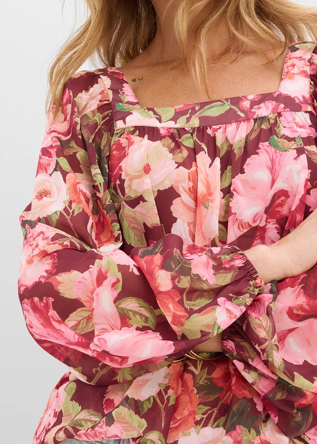 Blouse à base effet boule • rouge rubis floral • product-page.page-title-suffix