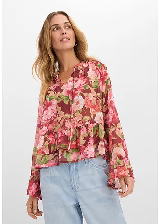Chiffon blouse met volants, Kleur: robijnrood gebloemd