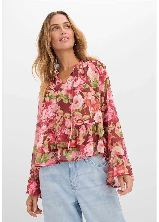 Sifon blúz fodrokkal • rubinvörös/virágmintás • bonprix áruház