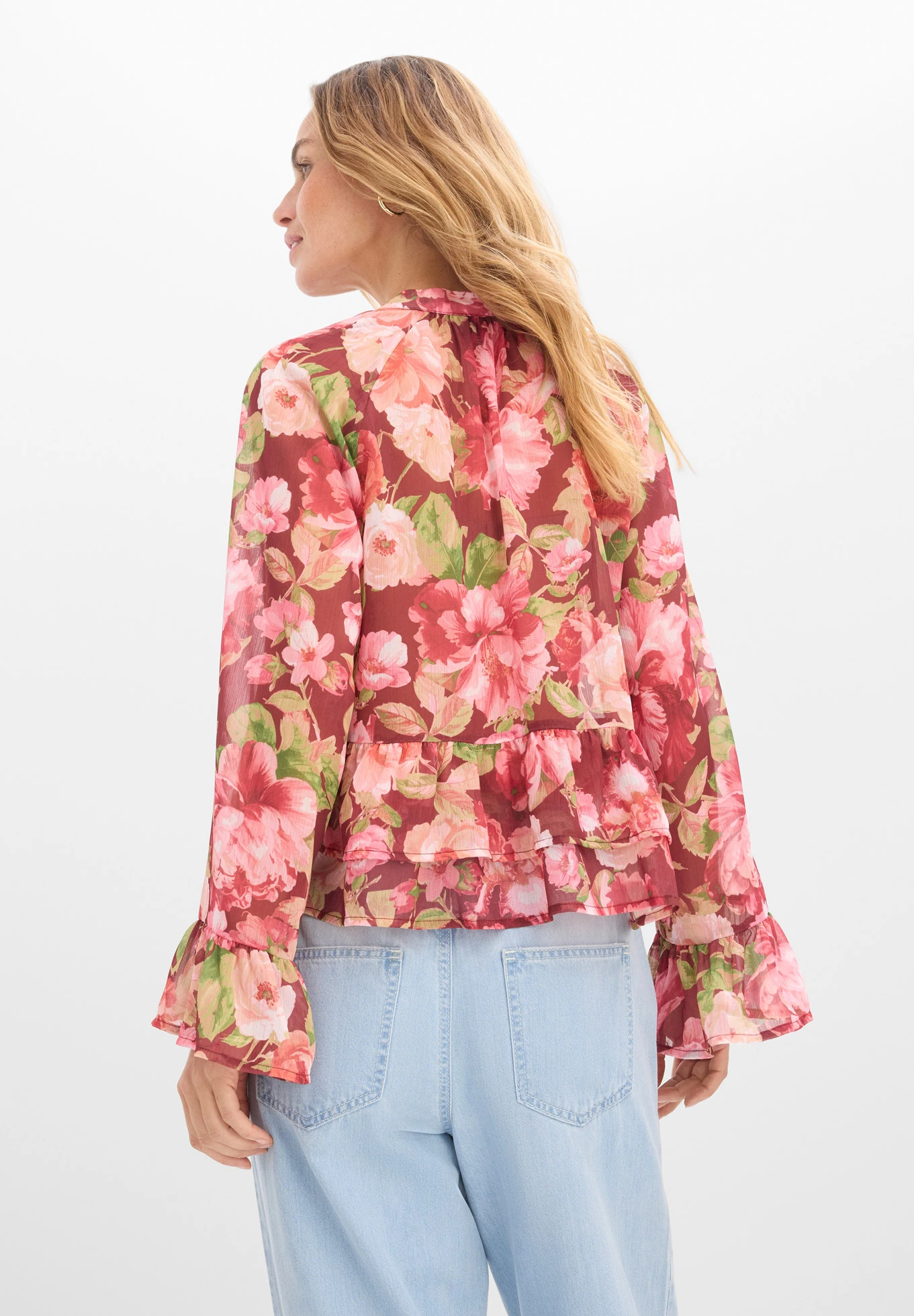 Blouse en mousseline à volants • rouge rubis floral • Boutique bonprix