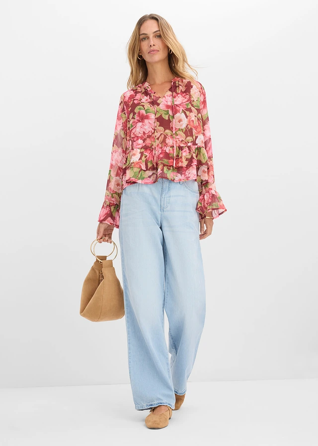 Chiffon blouse met volants, Kleur: robijnrood gebloemd