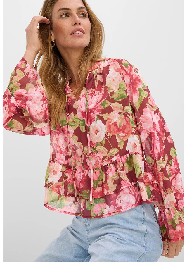 Sifon blúz fodrokkal • rubinvörös/virágmintás • bonprix áruház