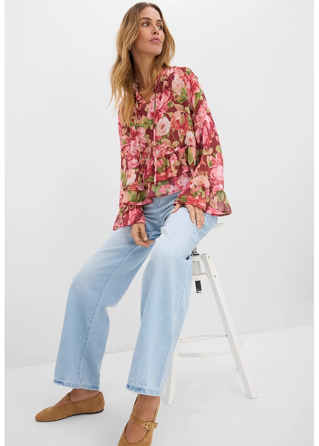 Sifon blúz fodrokkal • rubinvörös/virágmintás • bonprix áruház