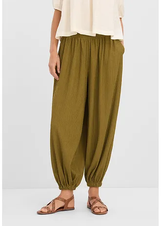 Pantalon sarouel en crêpe texturé, Couleur: vert nature