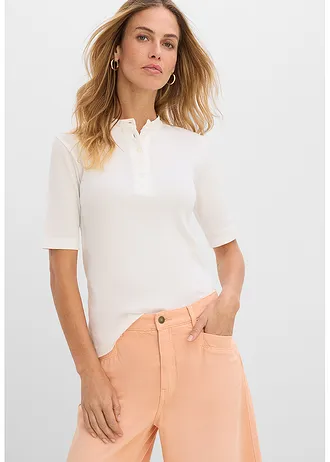 Geribd shirt van biologisch katoen, Kleur: wolwit