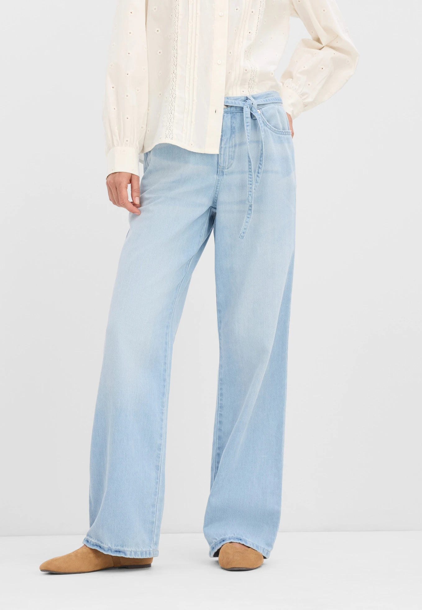 Blugi Wide-Leg, Mid Waist, cu cordon • bleu prespălat uzat • magazin bonprix