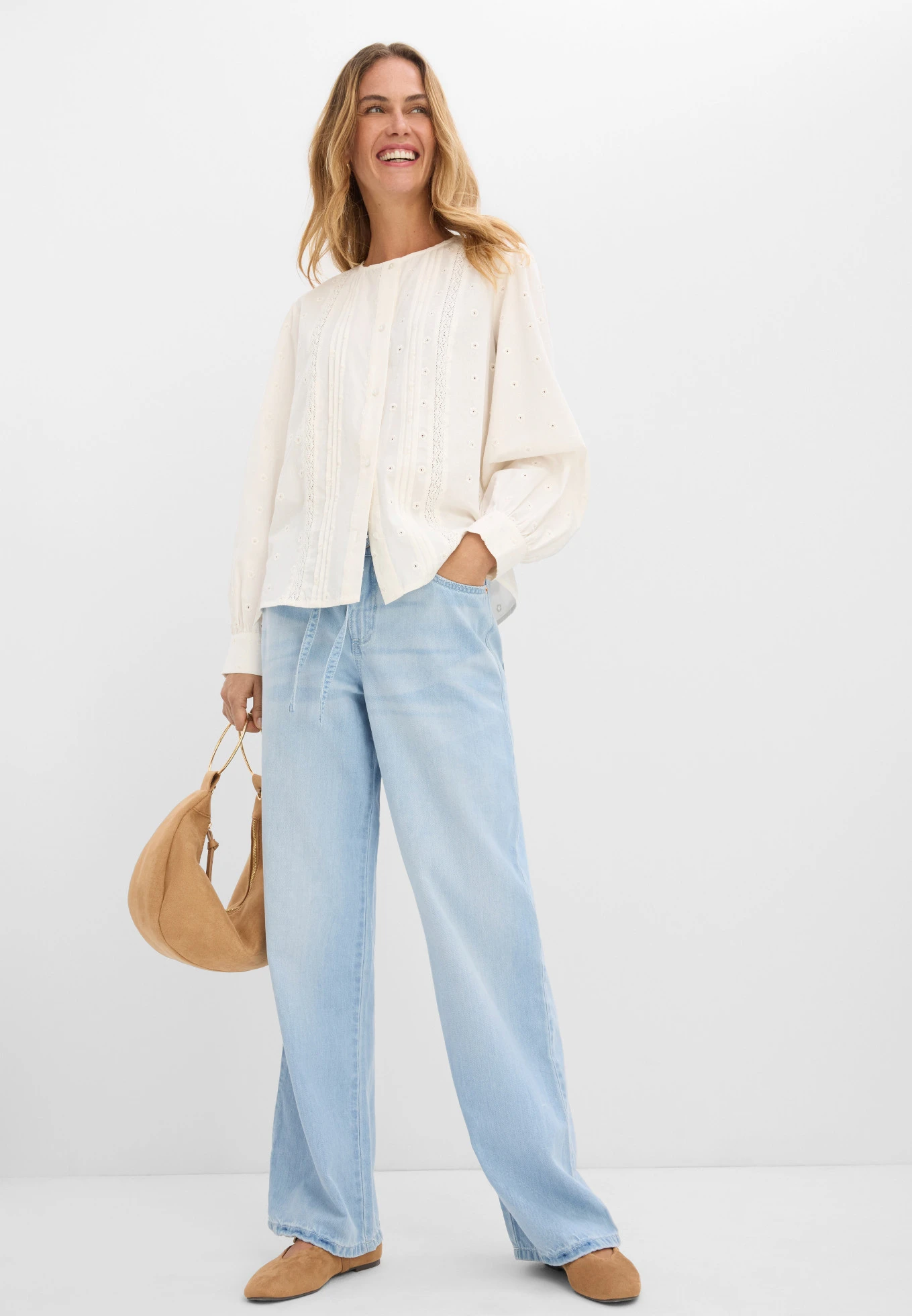 Wide leg jeans mid waist, riem • ijsblauw denim used • bonprix online shop