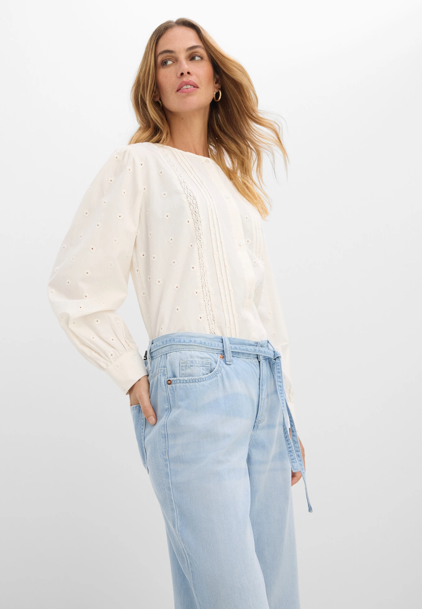 Wide leg jeans mid waist, riem • ijsblauw denim used • bonprix online shop