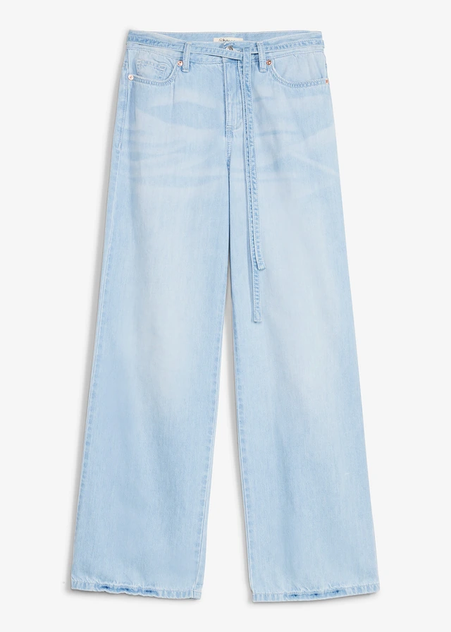 Jean large taille mi-haute avec ceinture, Couleur: denim bleu glacier used
