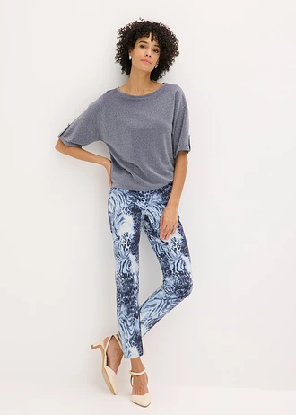 Pantaloni 7/8 cu imprimeu și stretch, culoare: imprimat leo albastru fumuriu